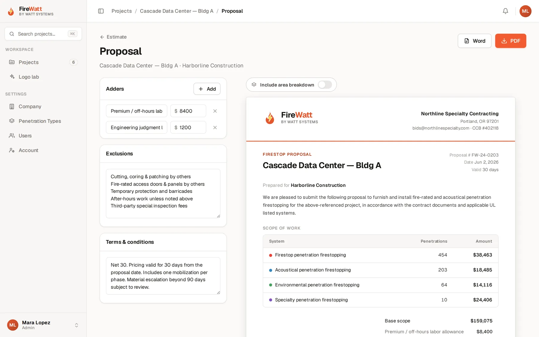 A contractor-ready firestop proposal with scope of work, penetration counts and amounts