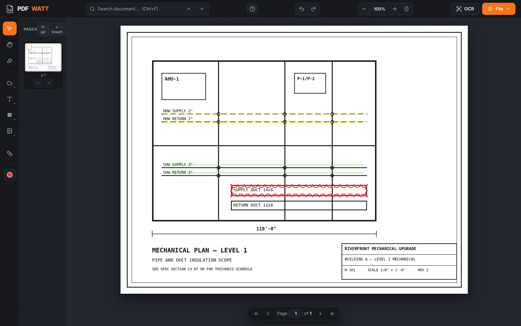 A mechanical plan sheet marked up in the browser, with pipe runs traced and a revision cloud around the duct scope