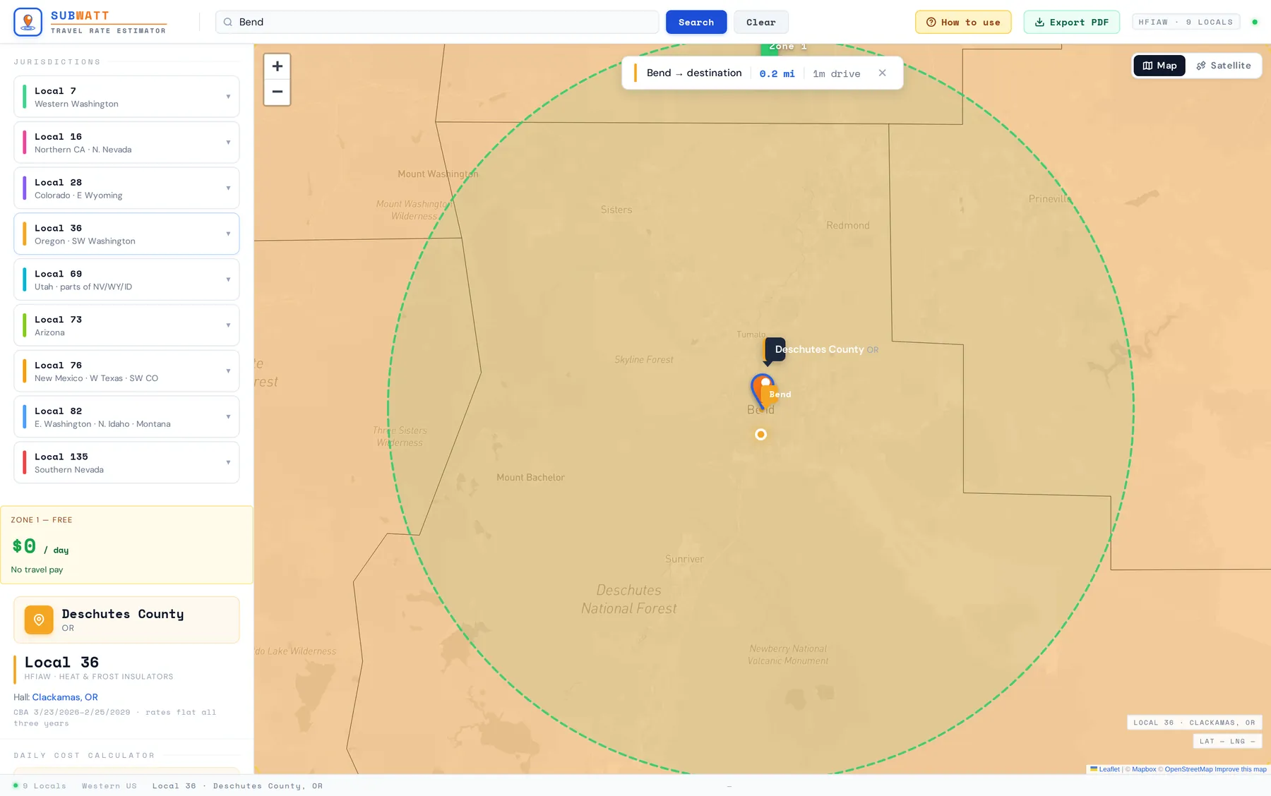 A travel-rate lookup for a city, showing the jurisdiction it falls in, the travel zone and the per-day pay