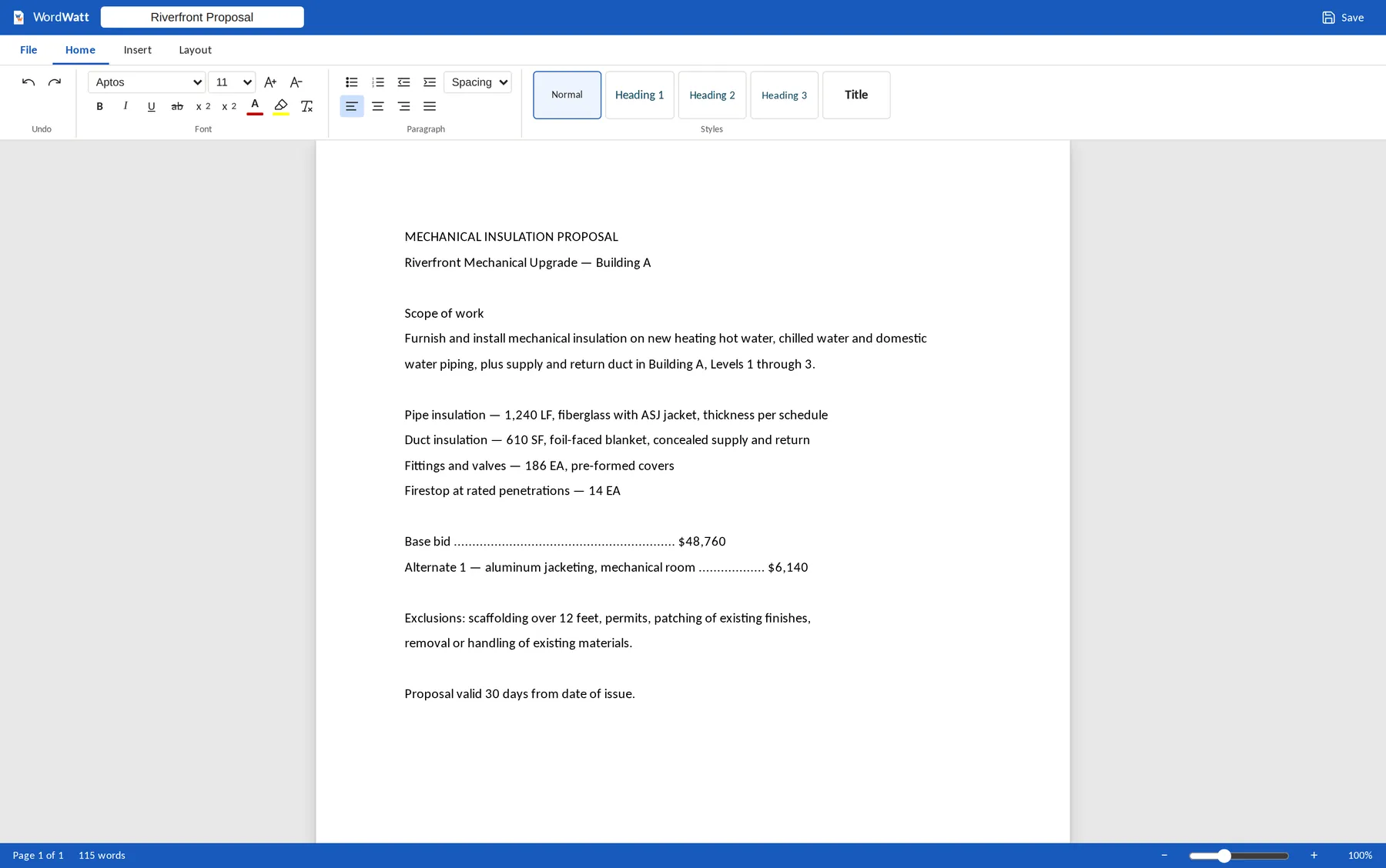 A mechanical insulation proposal being written in the browser, with the scope and base bid in place